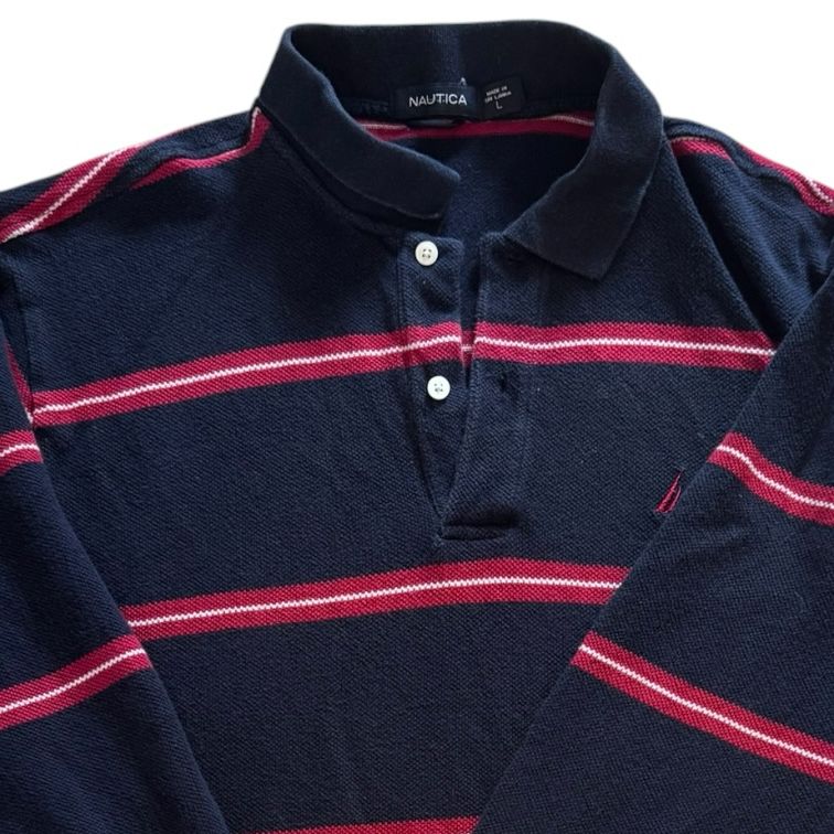 Large Nautica Navy and Red Long Sleeved Polo Shirt