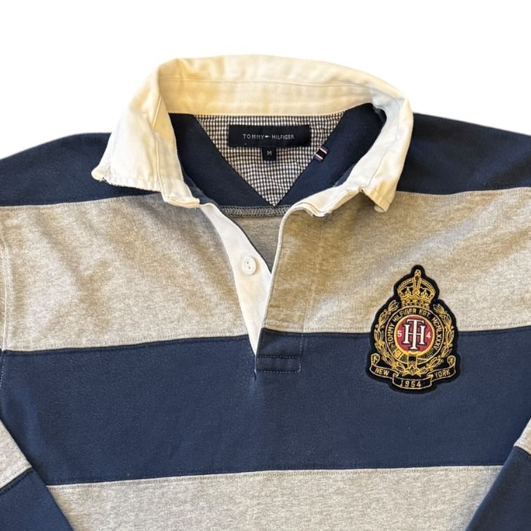 Medium Tommy Hilfiger Navy and Grey Rugby Shirt