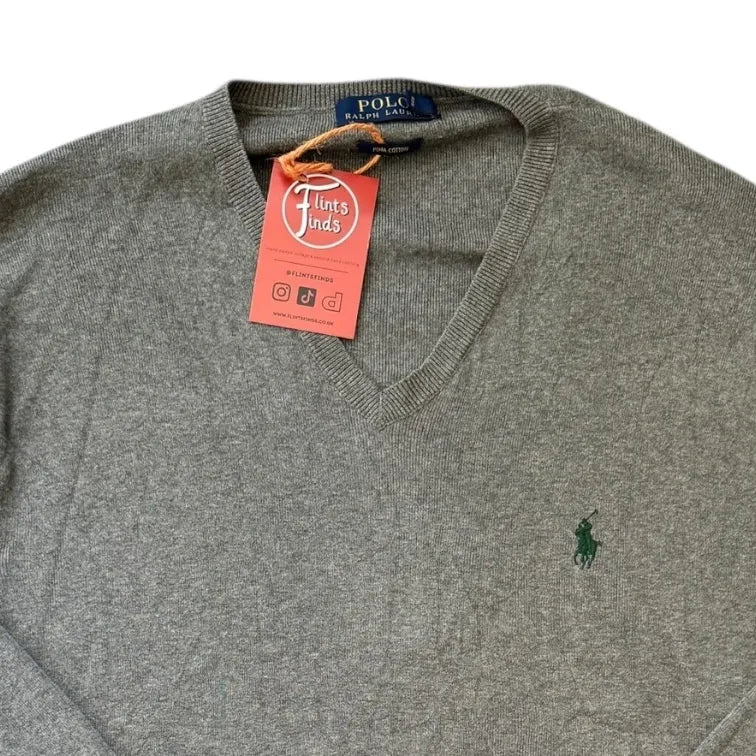 Large Ralph Lauren Grey V-Neck Thin Jumper