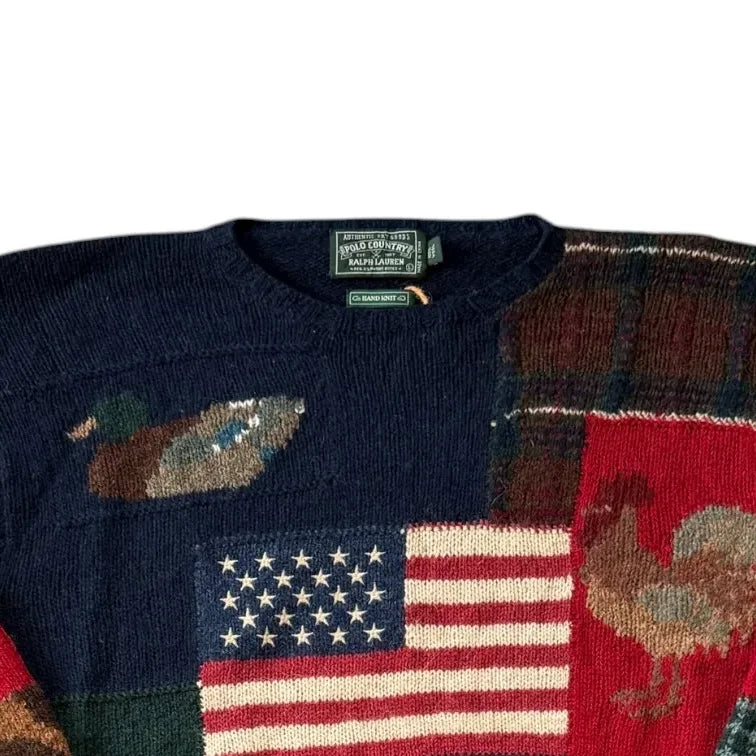 Large Ralph Lauren Country Navy Wool USA Flag Patchwork Knitted Jumper