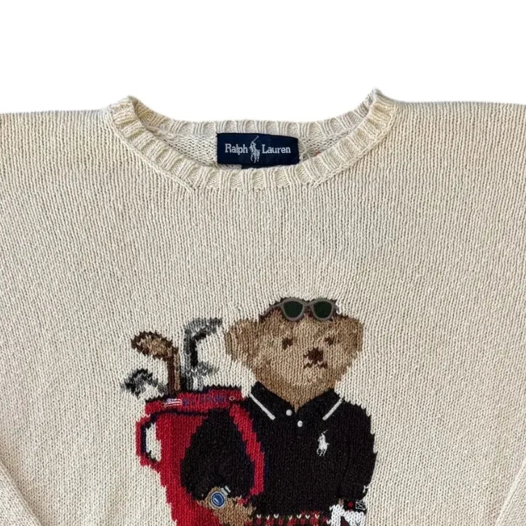 Medium Ralph Lauren White Knitted Golfing Bear Jumper