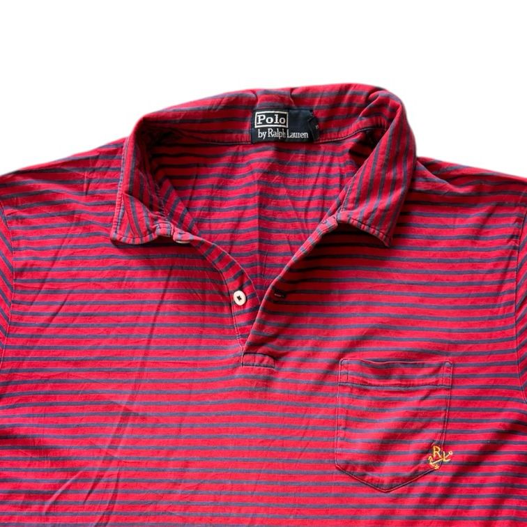 Large Ralph Lauren Red and Navy Striped Pocket Polo Shirt