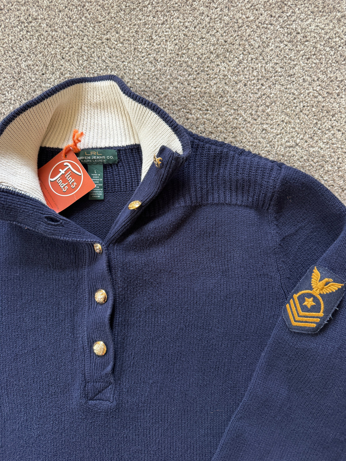 Woman's Large Ralph Lauren Navy Knitted 1/4 Button Jumper with Military Patch