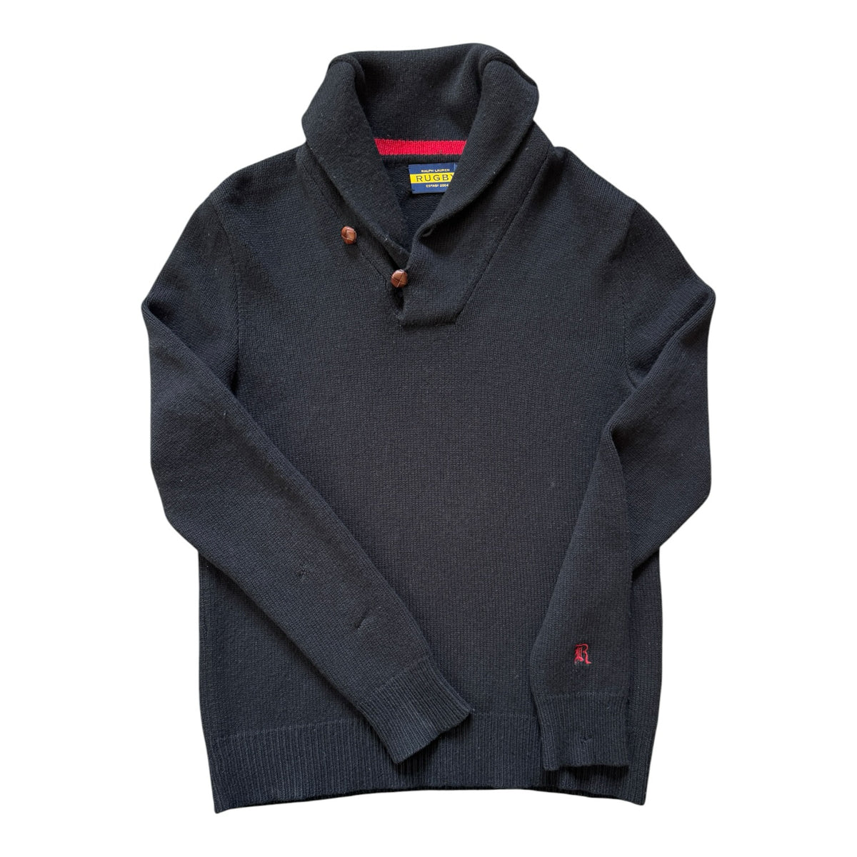 Medium Ralph Lauren Rugby Black Shetland Wool Shawl Neck Jumper - Repaired