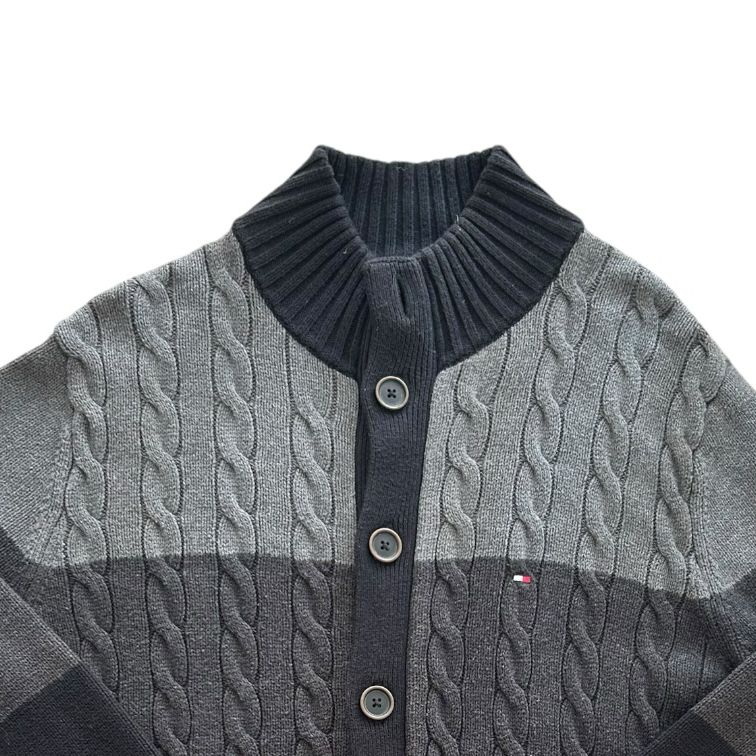 Large Tommy Hilfiger Black and Grey Cable Knit Cardigan