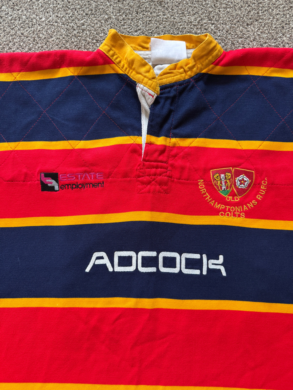 Large 2003 Northamptonians RUFC Colts Red, Yellow and Navy Rugby Shirt