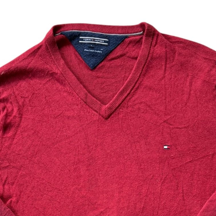 Large Tommy Hilfiger Red Pima Cotton Cashmere V-Neck Jumper