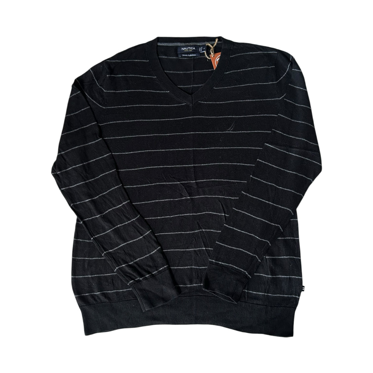 Medium Nautica Black and Grey V-Neck Jumper