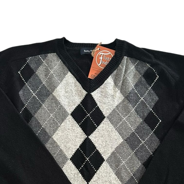 Medium Nautica Black Argyle V-Neck Wool Blend Jumper