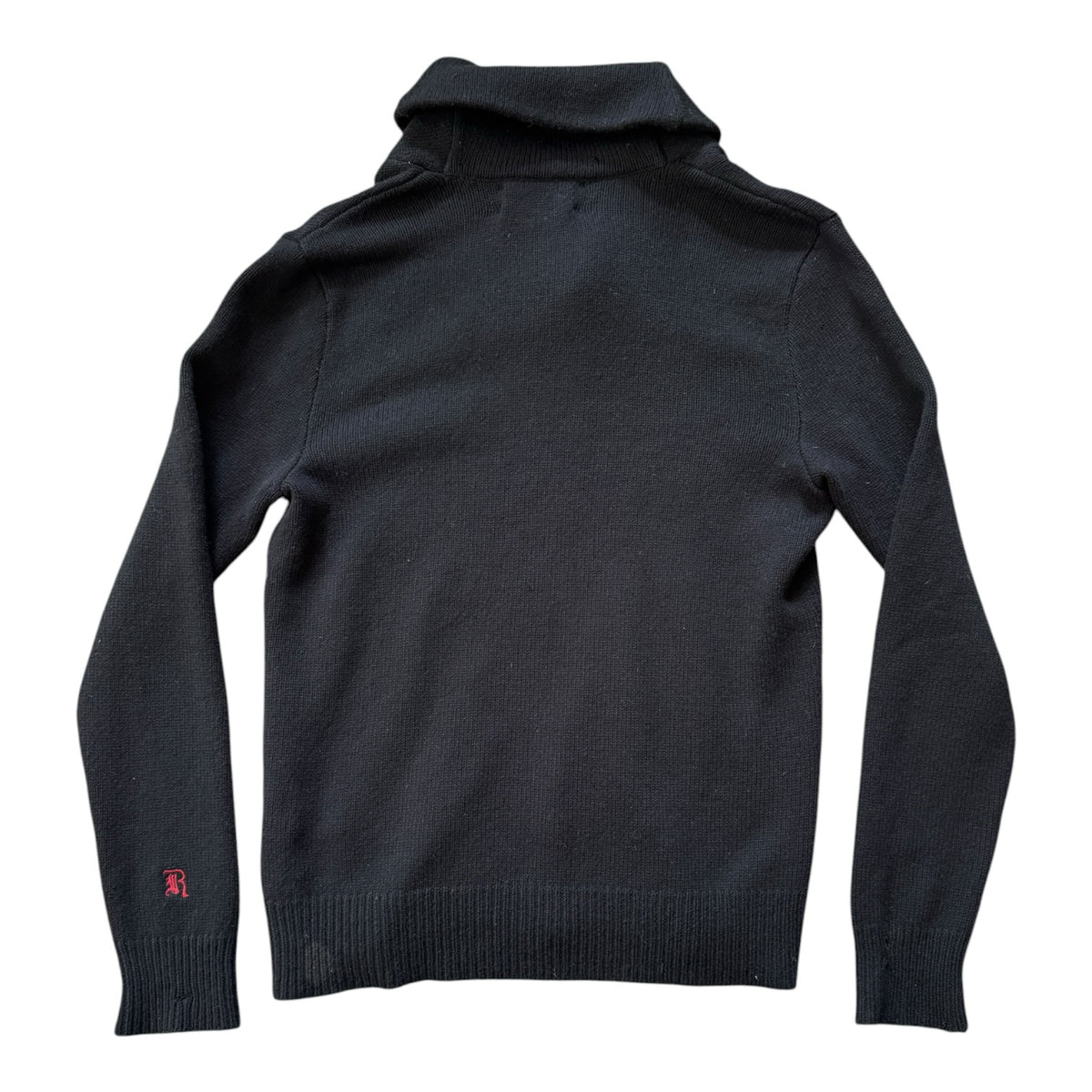 Medium Ralph Lauren Rugby Black Shetland Wool Shawl Neck Jumper - Repaired