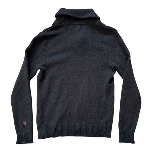 Medium Ralph Lauren Rugby Black Shetland Wool Shawl Neck Jumper - Repaired