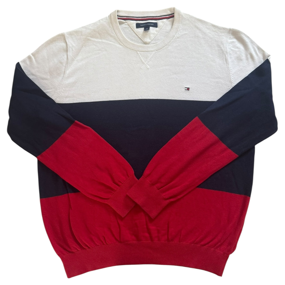Large Tommy Hilfiger White, Navy and Red Knitted Jumper