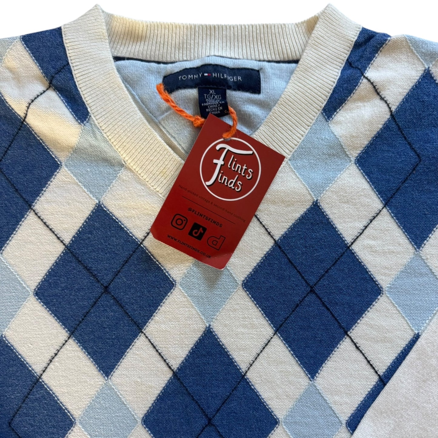 Extra Large Tommy Hilfiger Blue and White Checkered Knitted Jumper