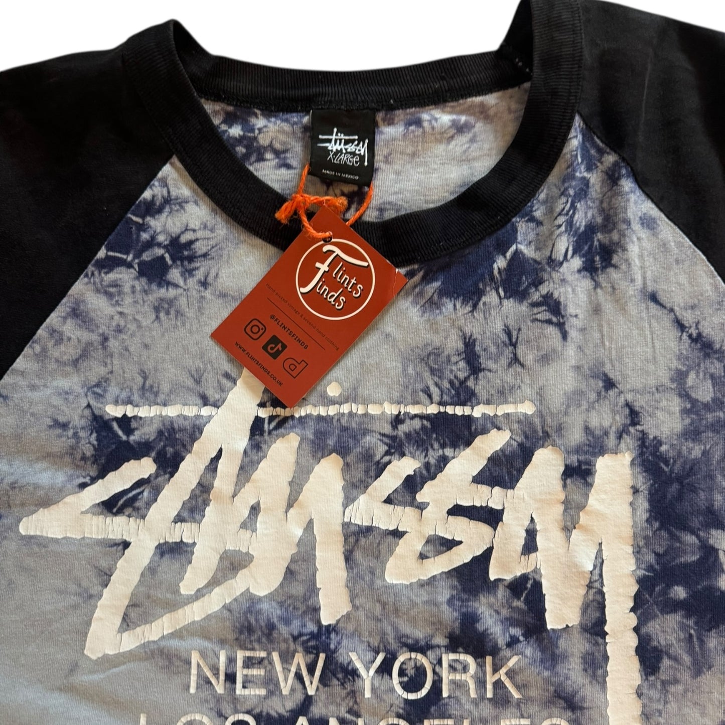 Extra Large Stussy Blue and White patterned T-Shirt