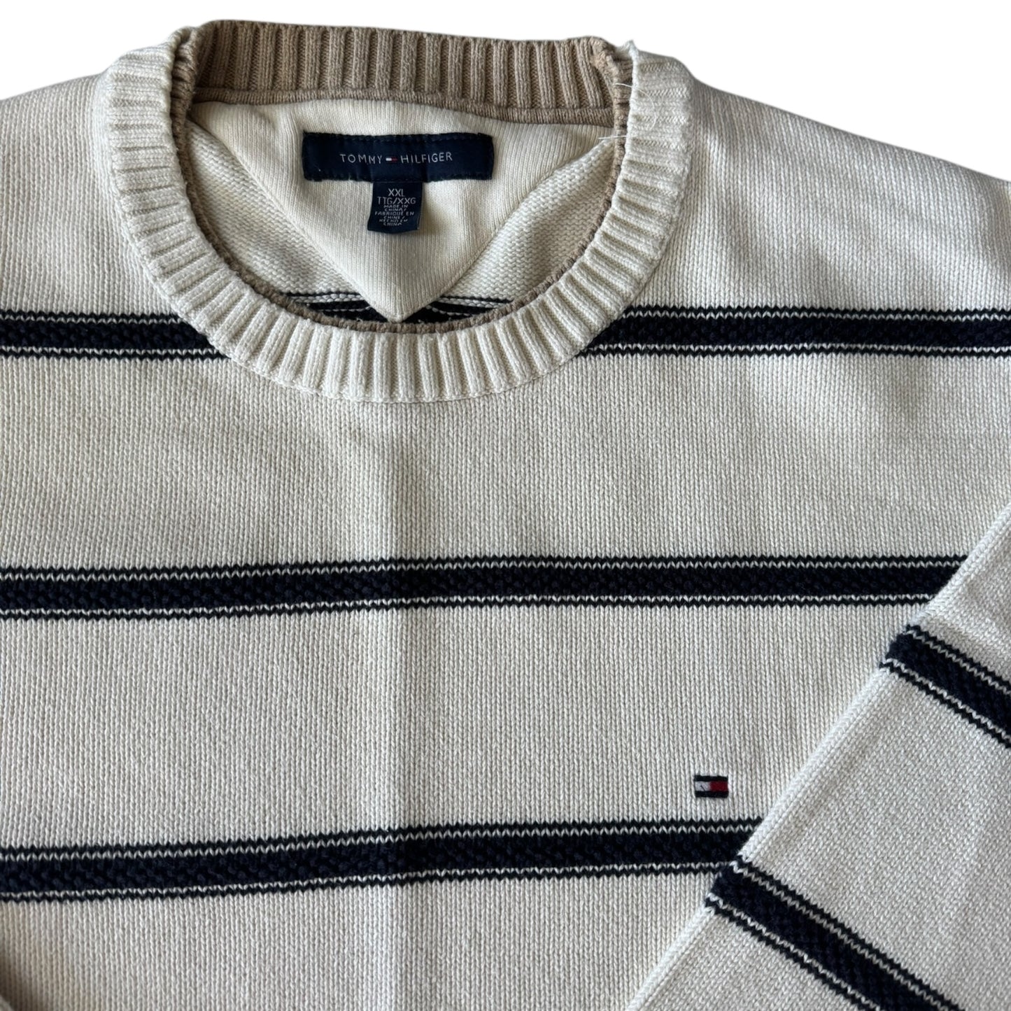 XXL Tommy Hilfiger White and Navy Striped Thick Knitted Jumper