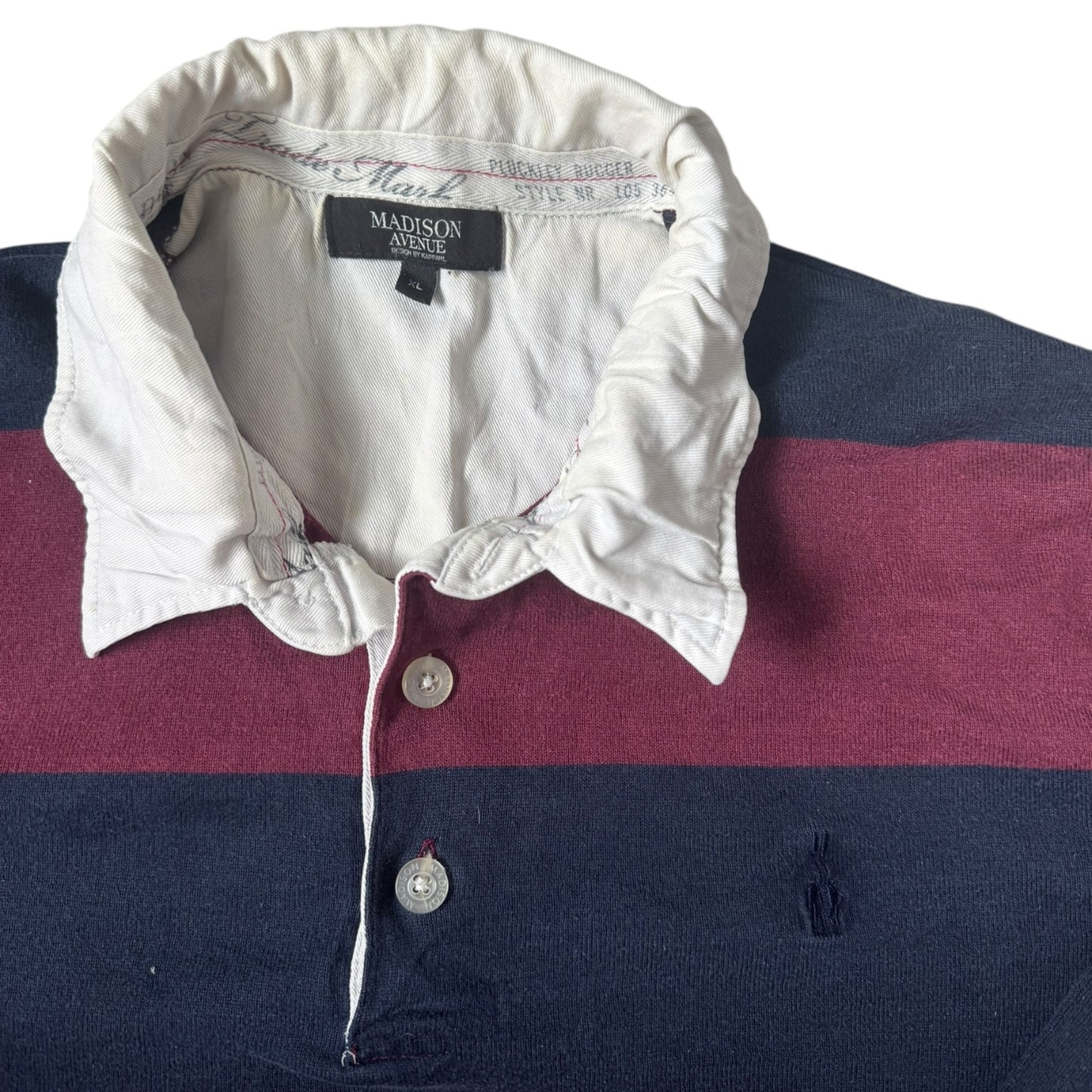 Extra Large Madison Avenue Burgundy and Navy Striped Rugby Shirt