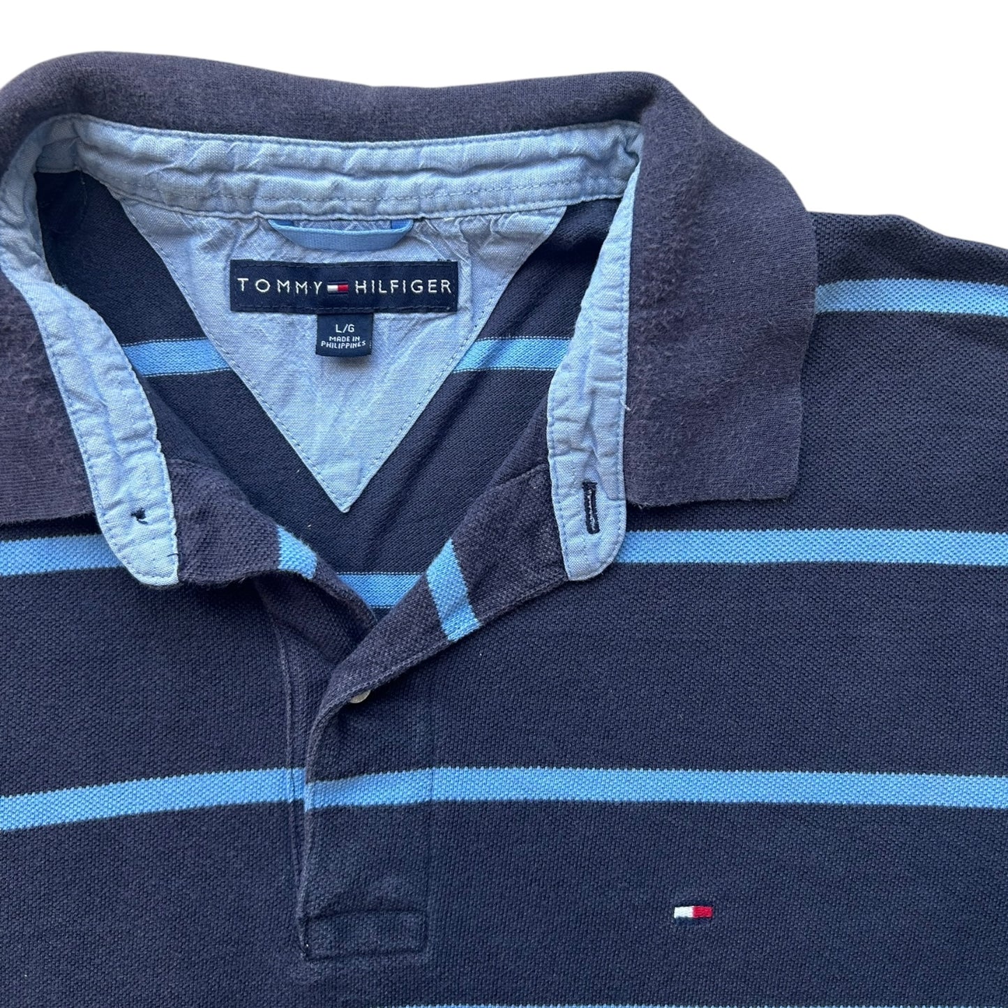 Large Tommy Hilfiger Navy and Blue Striped Polo Shirt