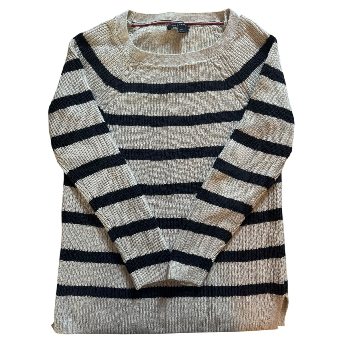 Woman’s Small Tommy Hilfiger Navy and White Striped Knitted JUmper