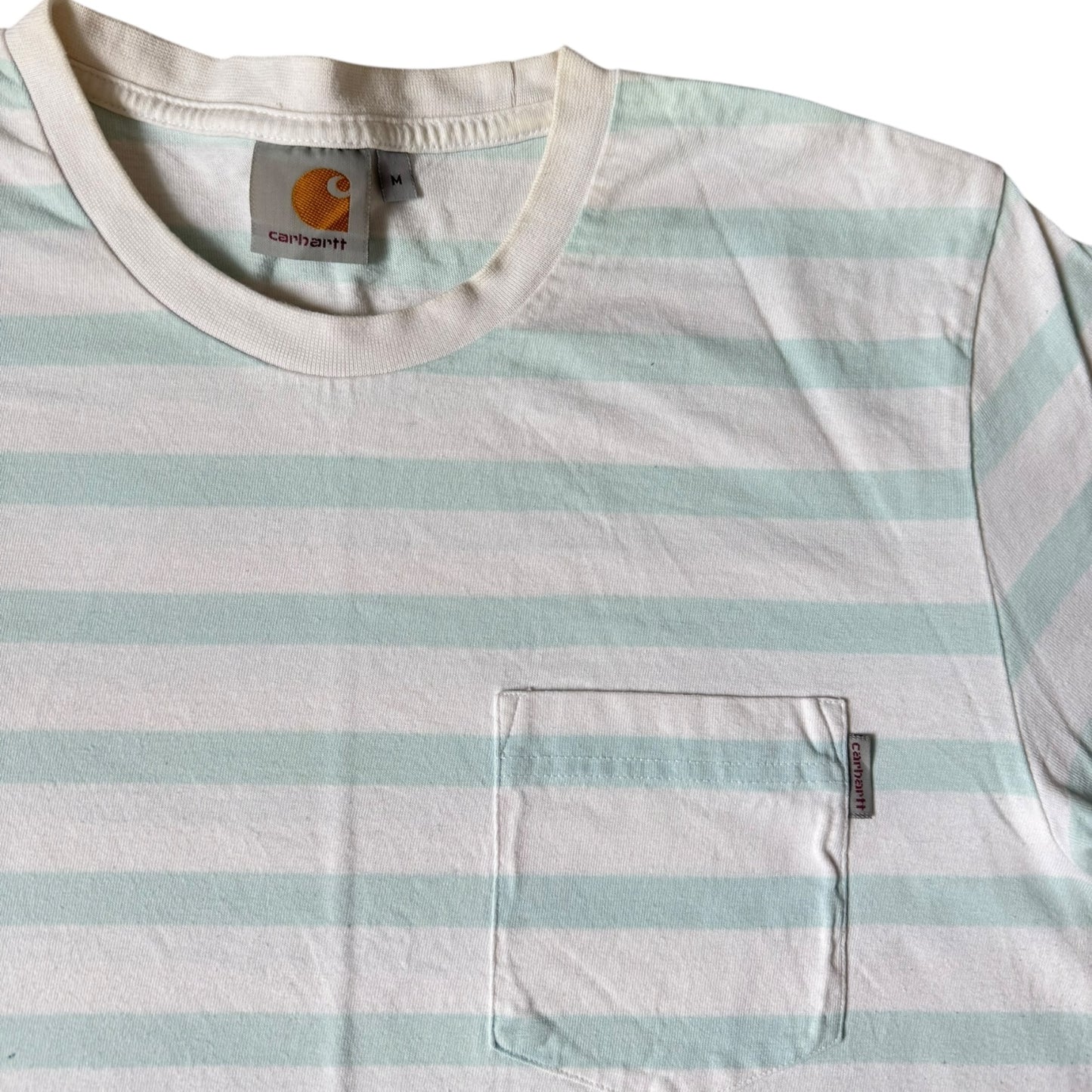 Medium Carhartt Blue and White Striped T-Shirt