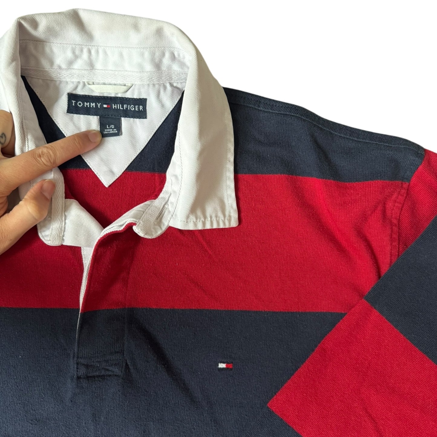 Large Tommy Hilfiger Red and Navy Striped Rugby Shirt