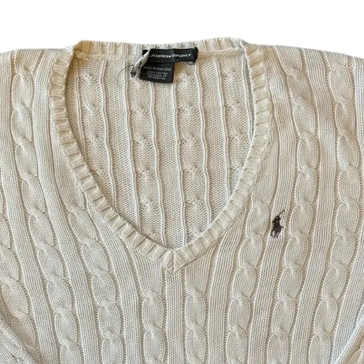 Womans Large Ralph Lauren White V-Neck Cable Knit