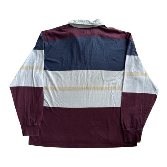Extra Large Abercrombie and Fitch Blue, White and Burgundy Rugby Shirt
