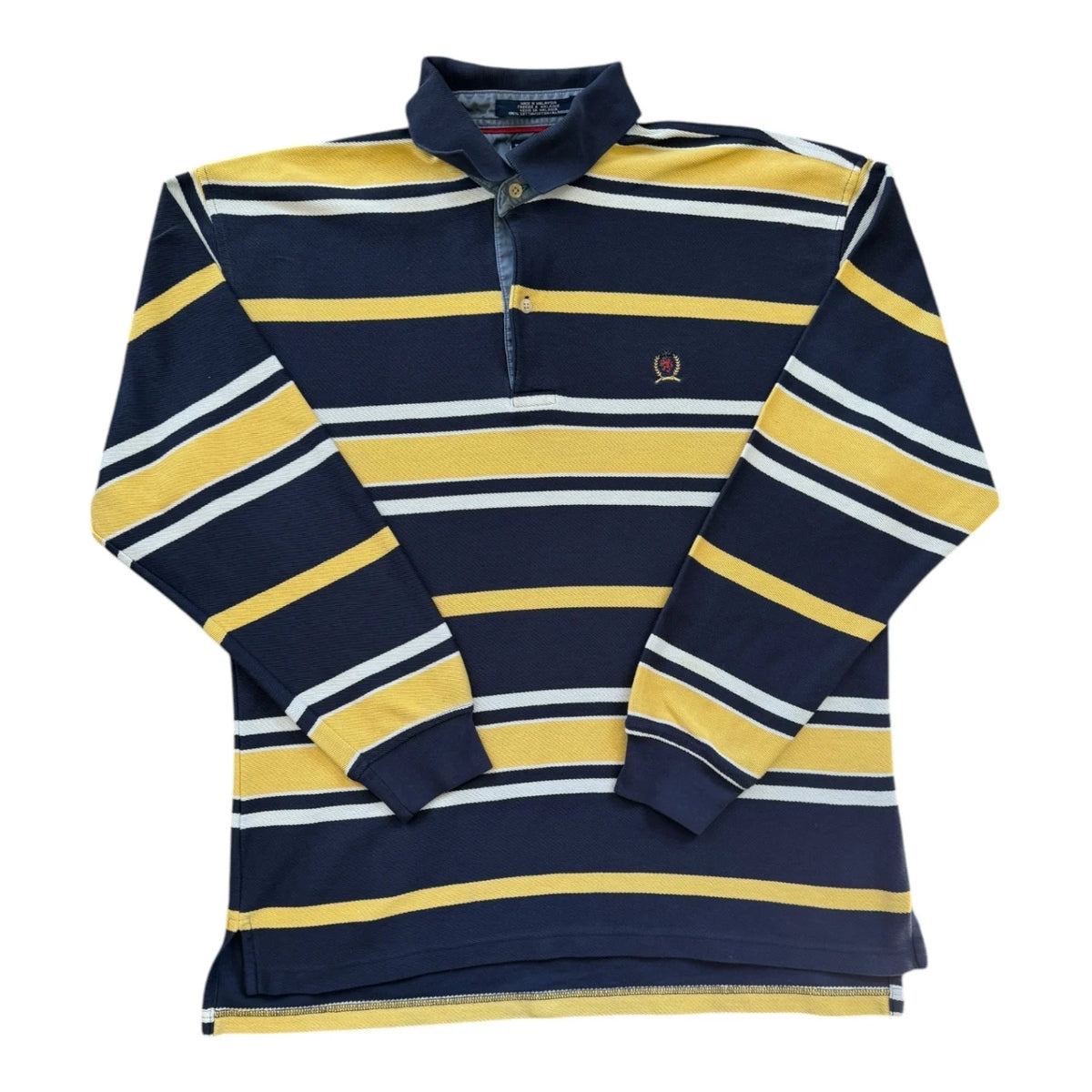 Large Tommy Hilfiger Navy and Yellow Long Sleeved Polo Shirt
