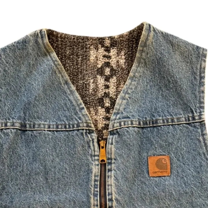 Medium Carhartt Blue Aztec Lined Denim Vest