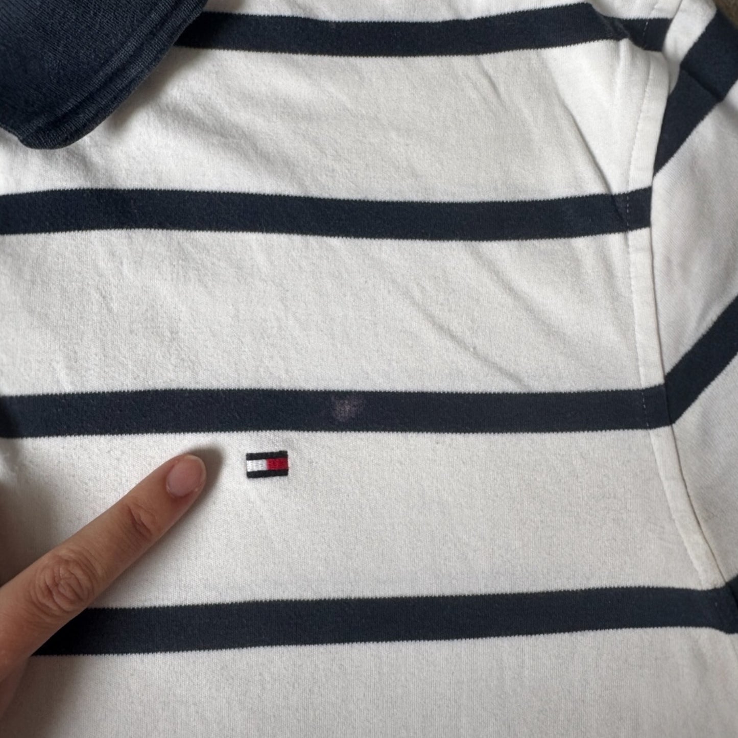 Large Tommy Hilfiger Navy and White Striped Polo Shirt