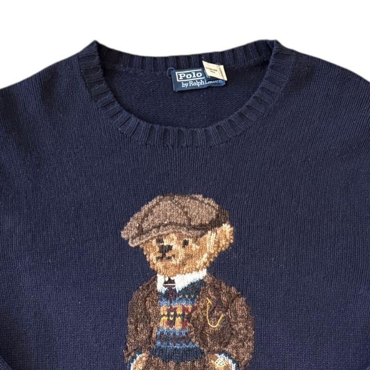 Large Ralph Lauren Navy Tweed Polo Bear Knitted Wool Jumper