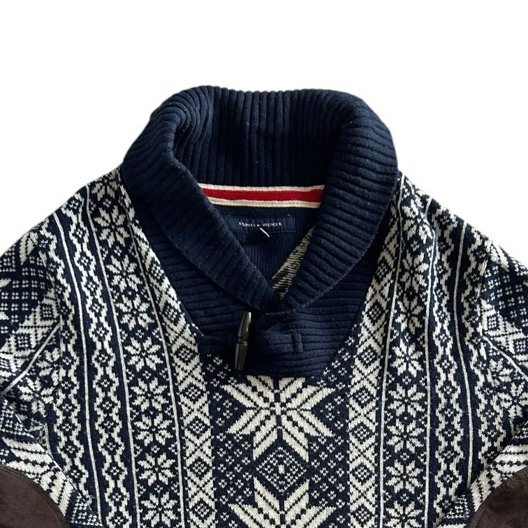 Medium Tommy Hilfiger Navy Fair Isle Snowflake Shawl Neck Jumper