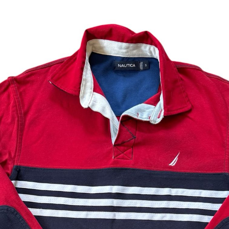 Small Nautica Red and Navy Rugby Shirt - colour bled