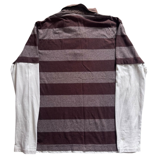Medium Reporter Brown Striped and White Built In Sleeves Rugby Shirt