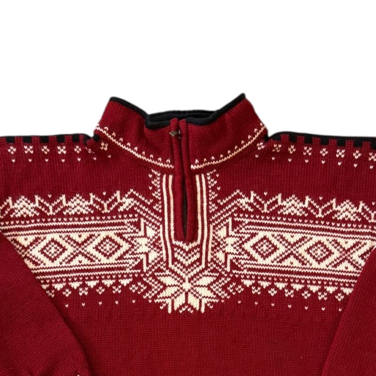 Woman's Large Dale Of Norway Red Wool Fair Isle Knitted 1/4 Zip
