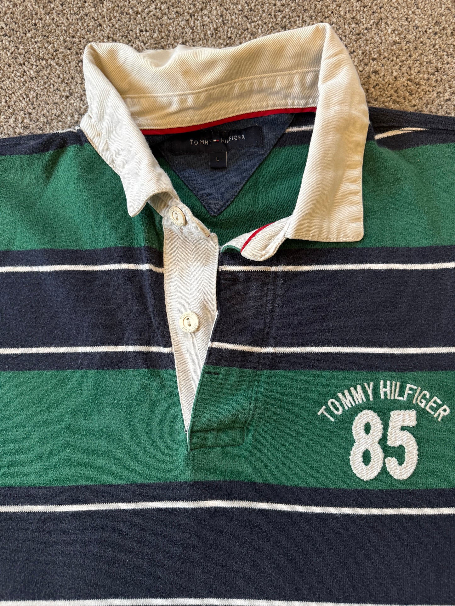 Large Tommy Hilfiger Green and Navy Rugby Shirt