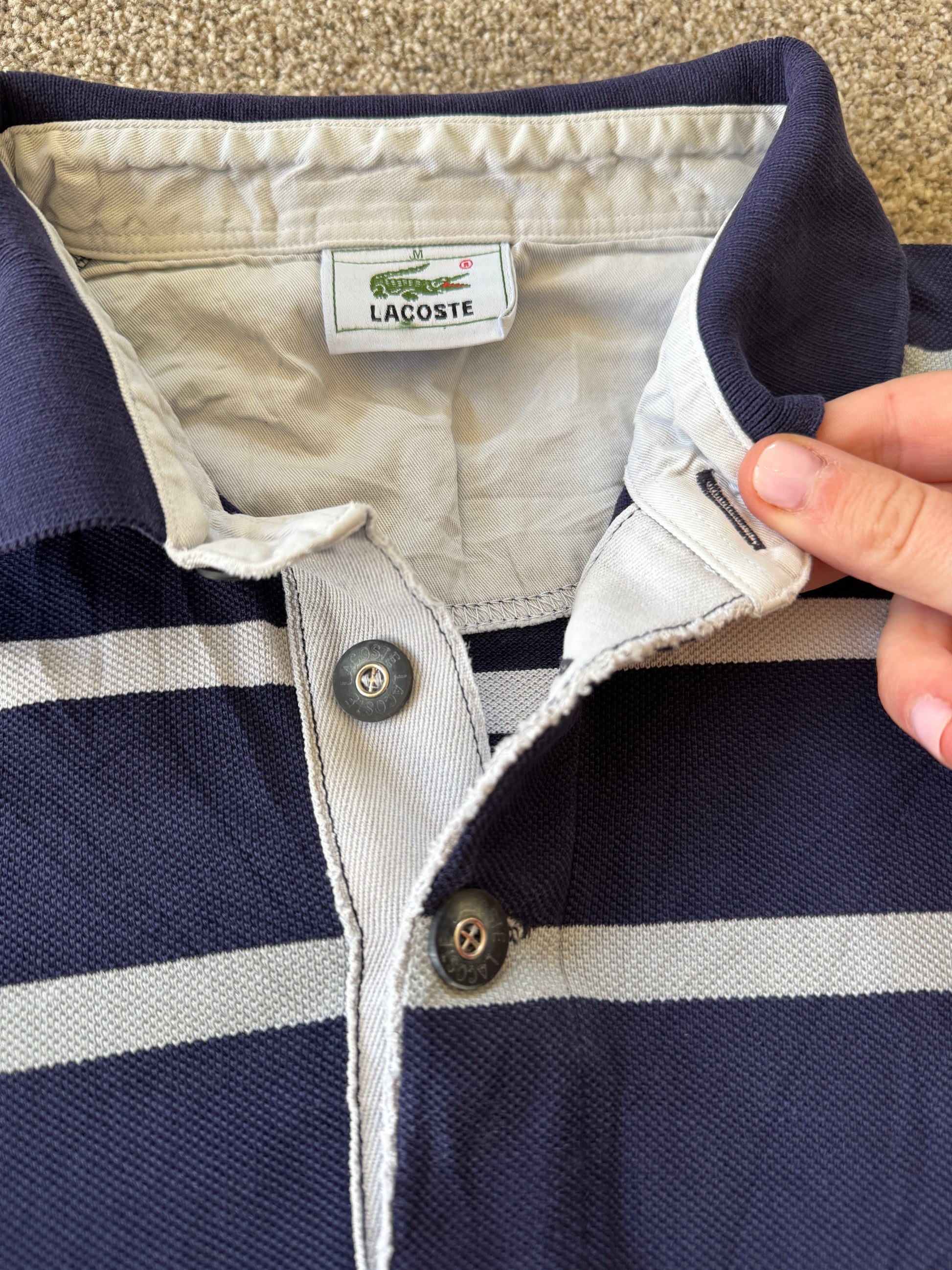 Medium Lacoste Navy And White Long Sleeved Polo Shirt