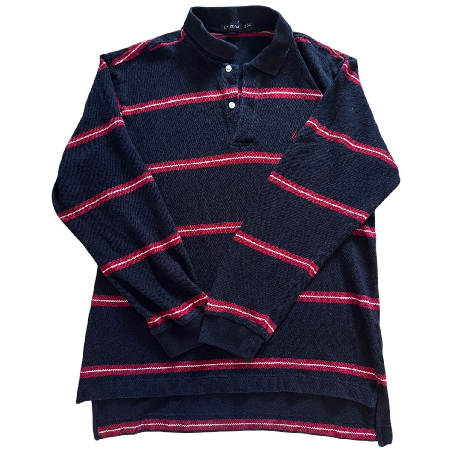 Large Nautica Navy and Red Long Sleeved Polo Shirt