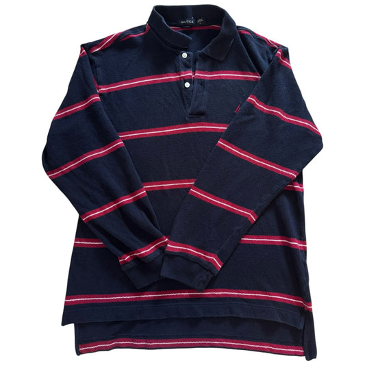 Large Nautica Navy and Red Long Sleeved Polo Shirt