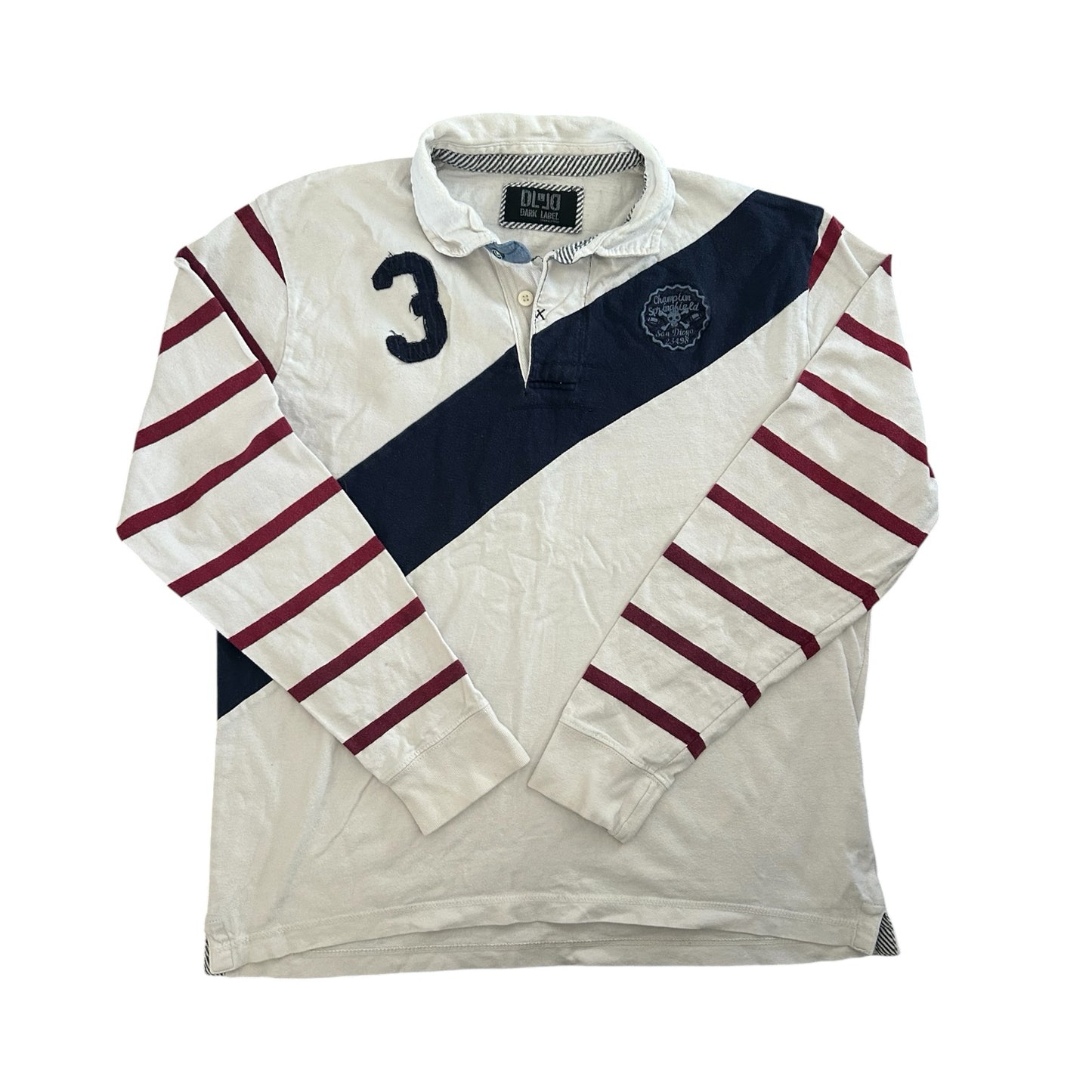 Large Dark Label Off White, Red and Navy Rugby Shirt