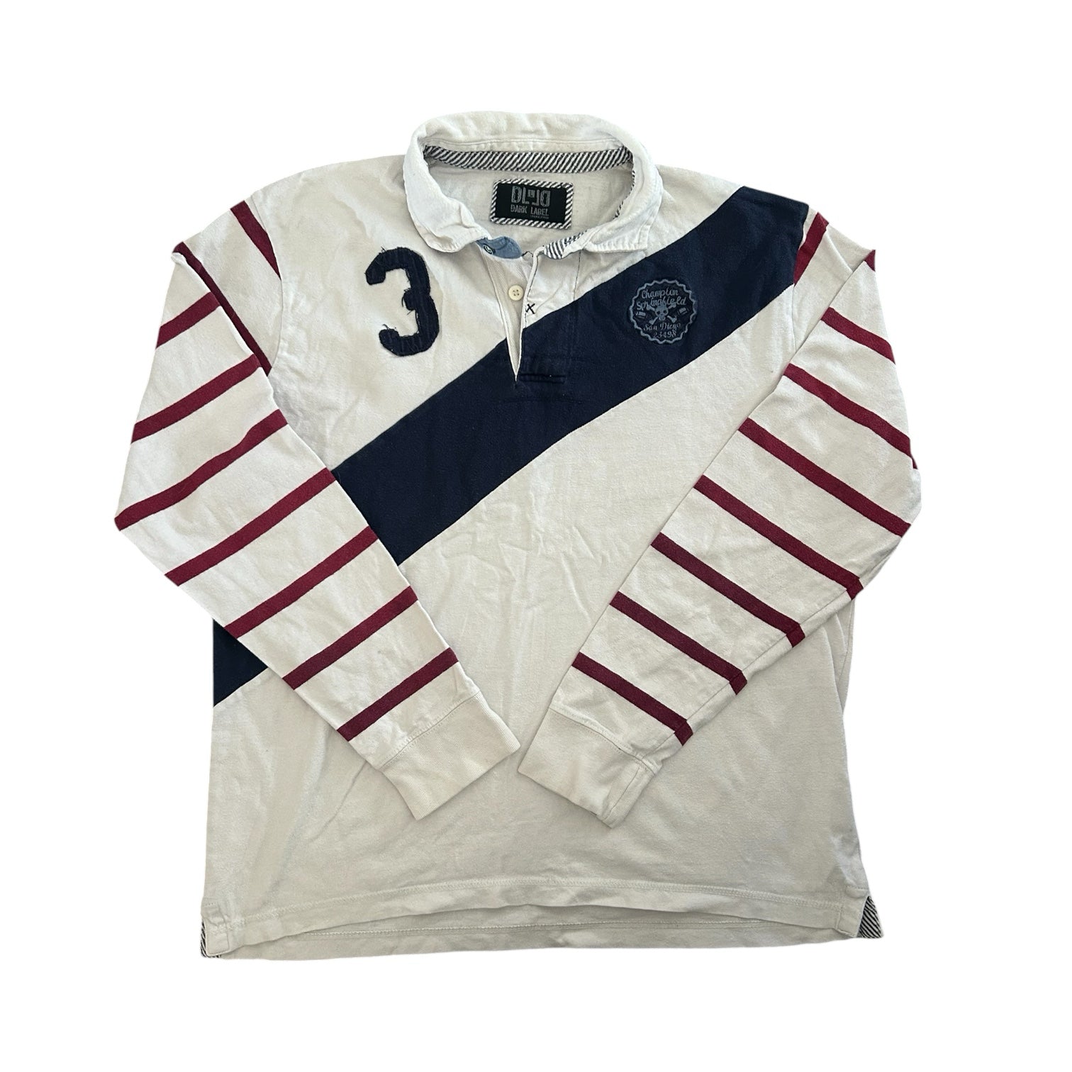 Large Dark Label Off White, Red and Navy Rugby Shirt