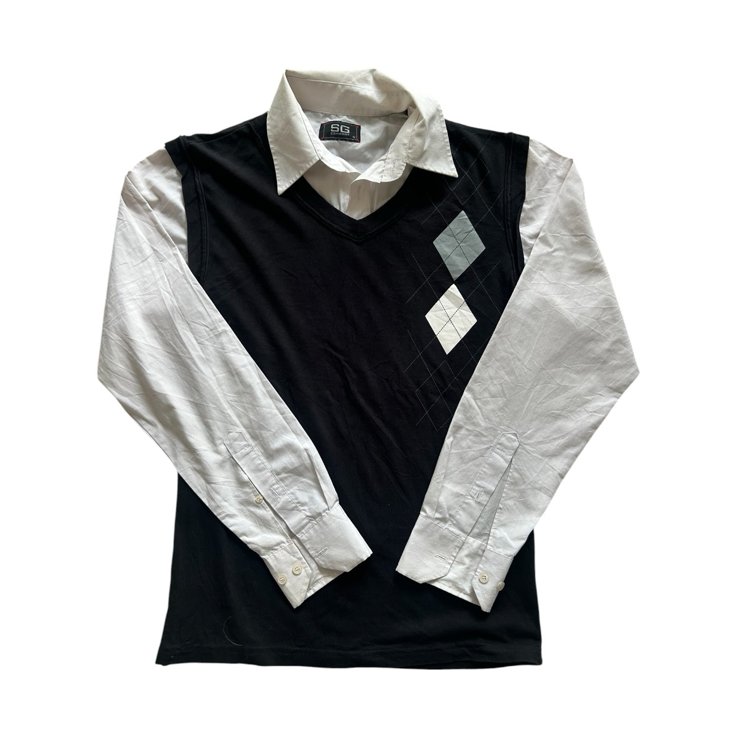 Medium SG Company White Shirt with a Fitted Black Argyle Vest