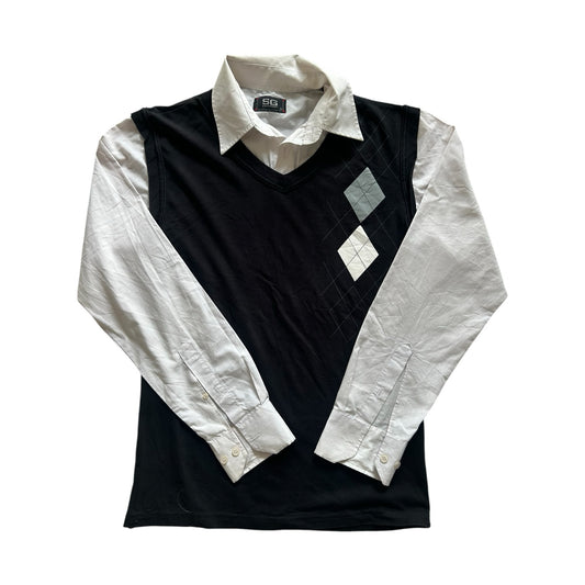Medium SG Company White Shirt with a Fitted Black Argyle Vest