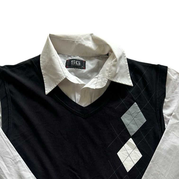 Medium SG Company White Shirt with a Fitted Black Argyle Vest