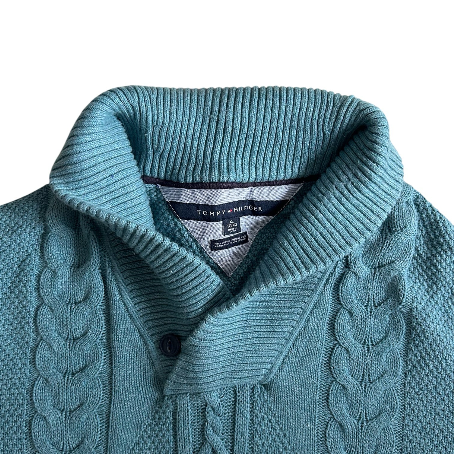 Extra large Tommy Hilfiger Blue Cable Knit Shawl Neck Jumper
