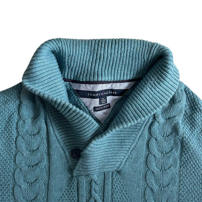 Extra large Tommy Hilfiger Blue Cable Knit Shawl Neck Jumper