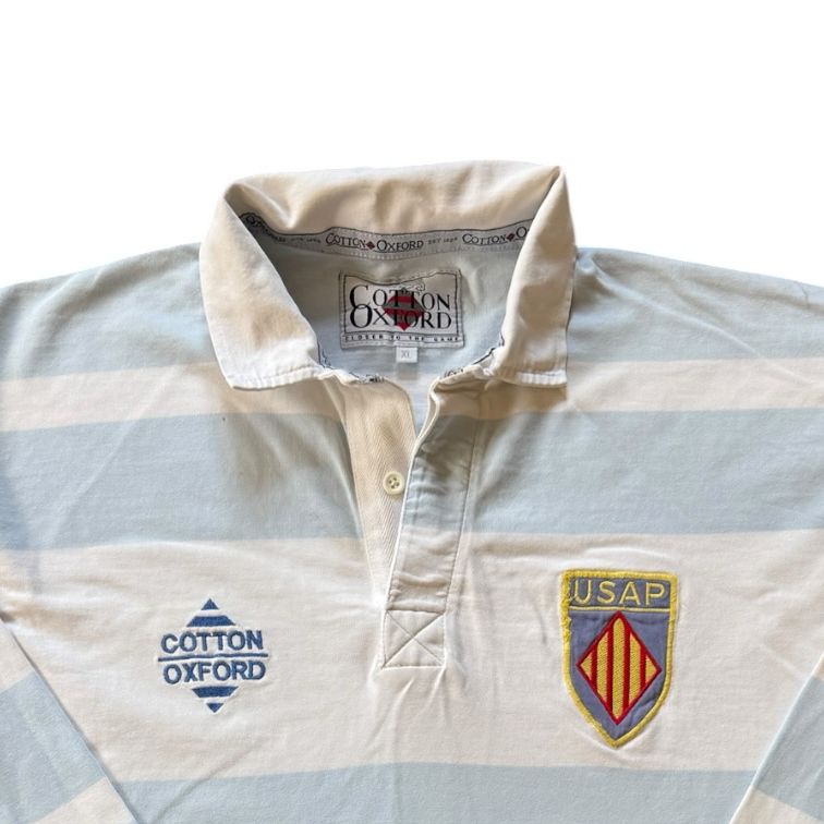 Extra large Cotton Oxford White and Blue USAP Perpignan Rugby Shirt - marked