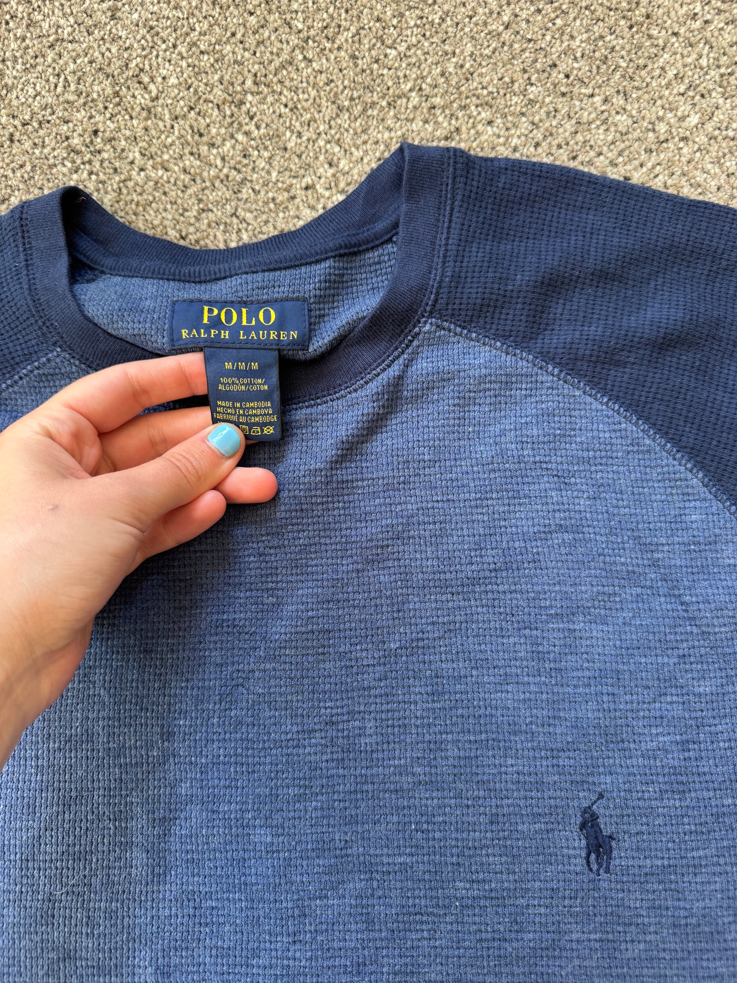 Medium Ralph Lauren Blue and Navy Waffle Knit Sweatshirt