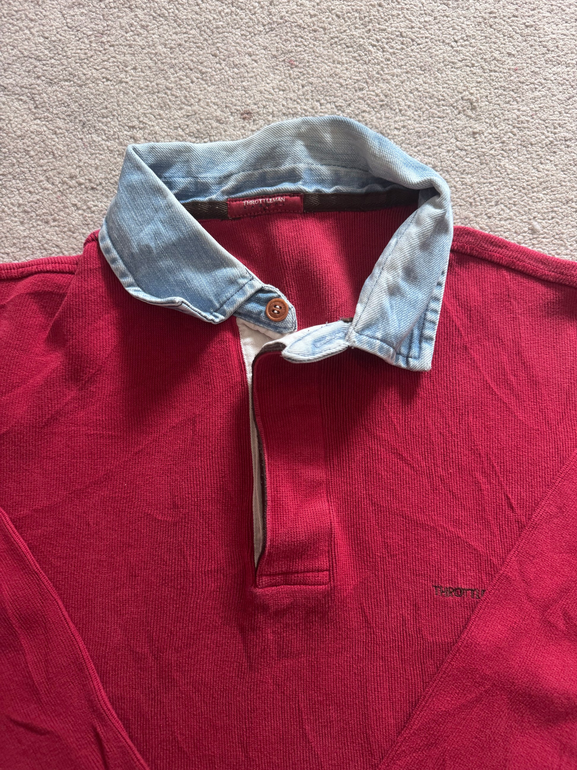 Large Throttleman Red Denim Collar Rugby Shirt