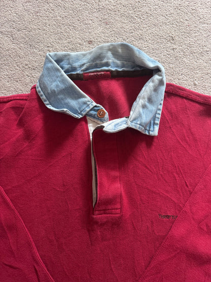 Large Throttleman Red Denim Collar Rugby Shirt