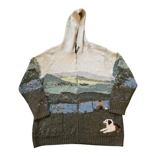Rare Extra large Ralph Lauren Green Full Zip Landscape Scenery Dog/Horse Cardigan
